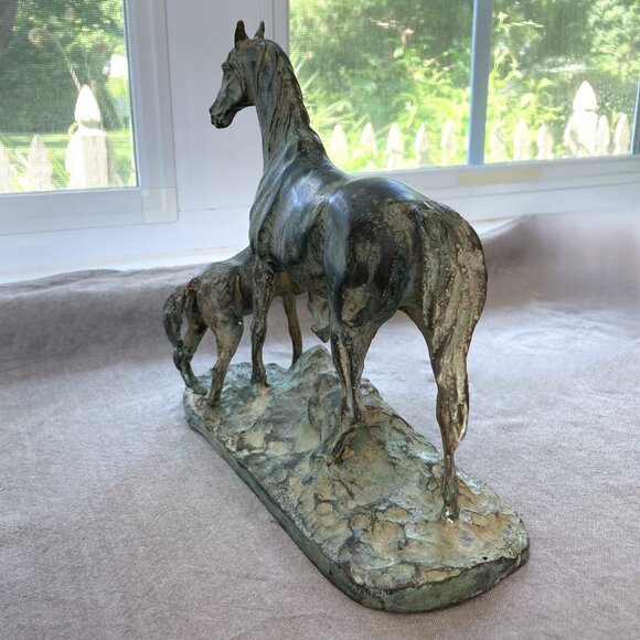 Maitland-Smith Bronze Horse Sculpture, Mare & Foal Statuette, Green Patina Brass - Picture 6 of 10